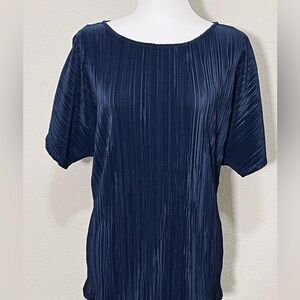 Minimalist Navy Pleated Drapey Short Sleeve Capsule Wardrobe Chic Blouse PXL